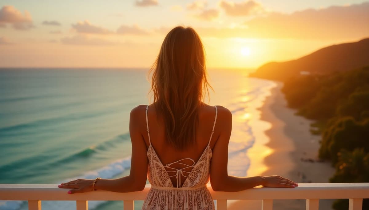 An influencer wearing a stylish summer dress standing on a balcony overlooking a breathtaking tropical beach at sunset, warm lighting, cinematic style.