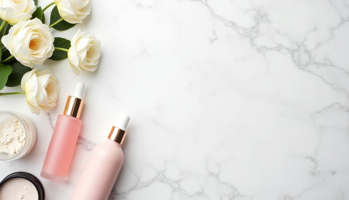 A flat lay of beauty products on a marble background with delicate flowers, soft lighting, pastel colors, minimalist style, perfect for a beauty influencer.