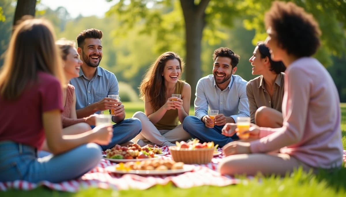 A group of diverse people laughing and enjoying a picnic in a sunny park, lifestyle photography, vibrant colors, happy atmosphere.