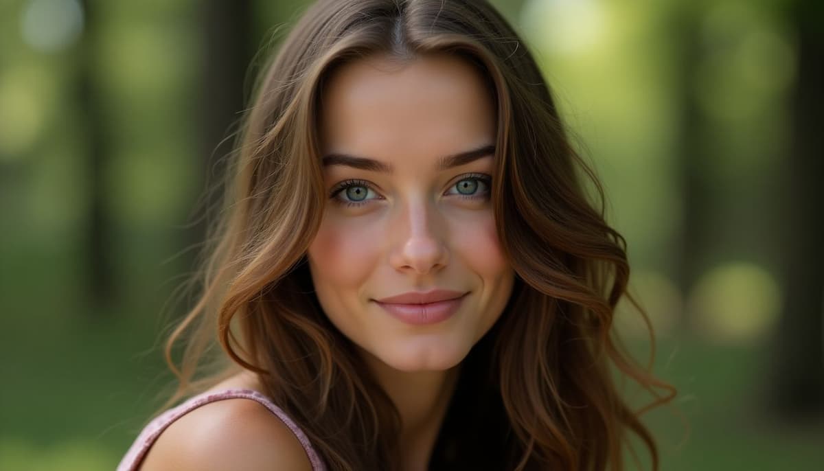 A portrait of a young woman with long, flowing brown hair and piercing blue eyes, a gentle smile, soft natural lighting, a blurred background of a forest, photorealistic style, close-up.