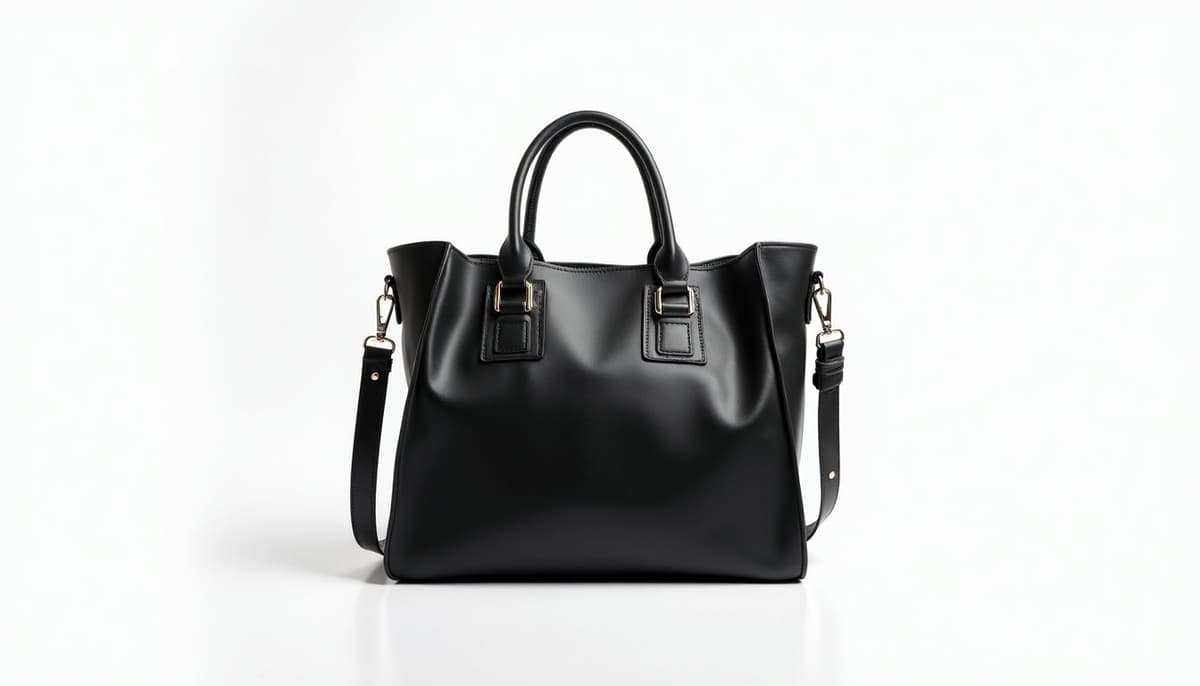 A stylish black leather handbag on a clean white background, studio lighting, high resolution, product photography.