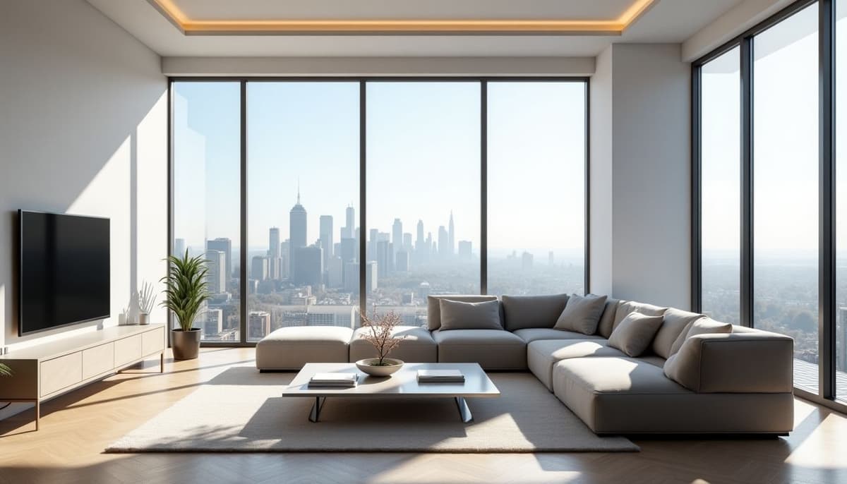 A modern living room with large windows overlooking a city skyline, minimalist design, natural light, realistic rendering.