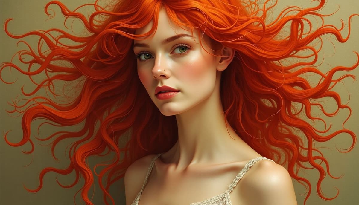 A portrait of a woman with flowing red hair, in the style of Art Nouveau.