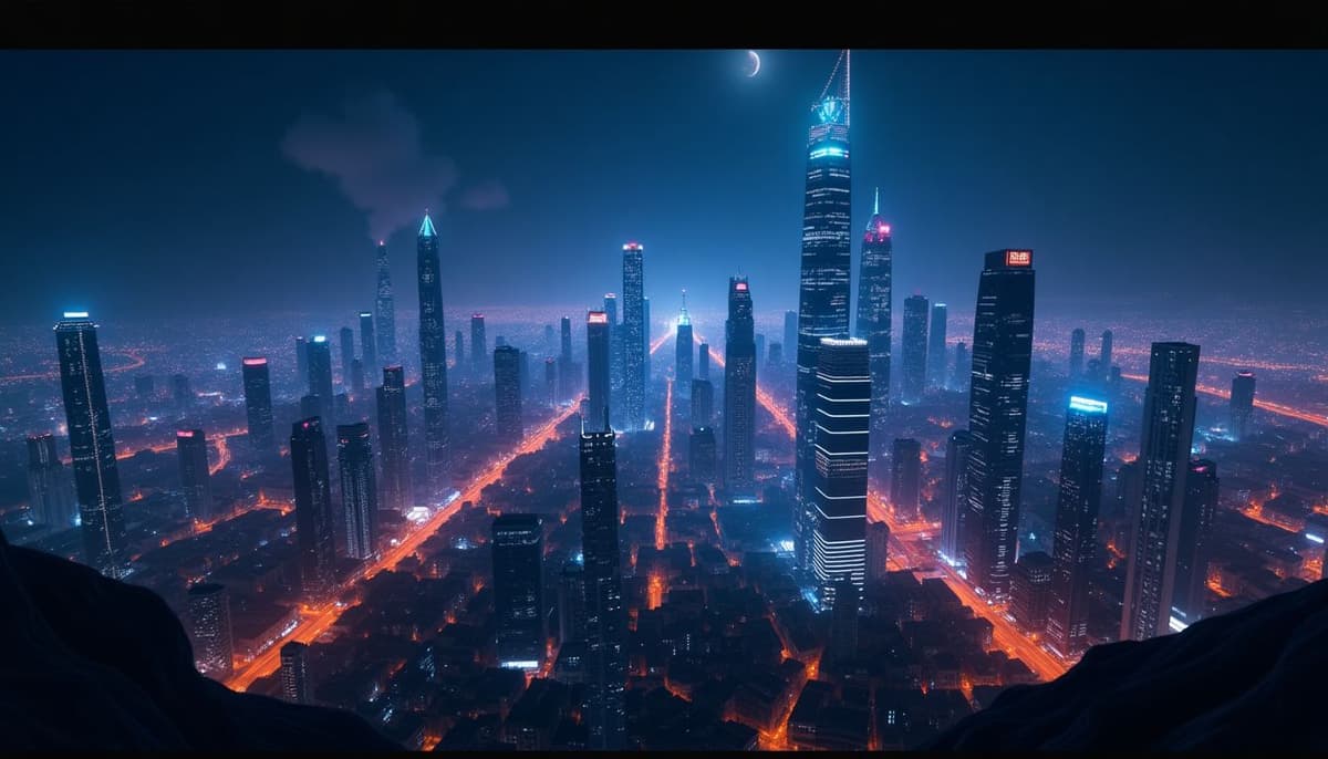 A futuristic city skyline at night, cyberpunk style, neon lights, hyperrealistic, 8k resolution.