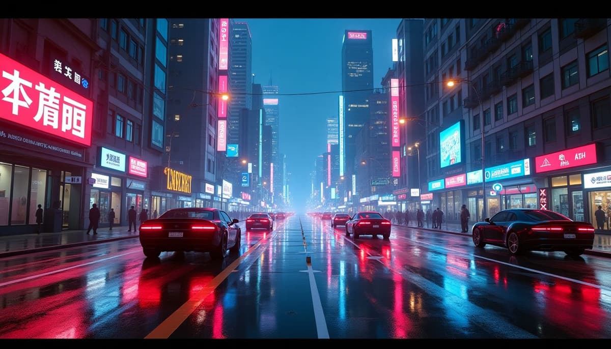 A futuristic cityscape at night, neon lights reflecting on wet streets, flying cars, cyberpunk style, highly detailed, 8k