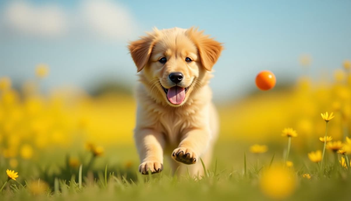 A playful Golden Retriever puppy with floppy ears, chasing a ball in a field of wildflowers on a sunny day. Photorealistic style, high resolution.