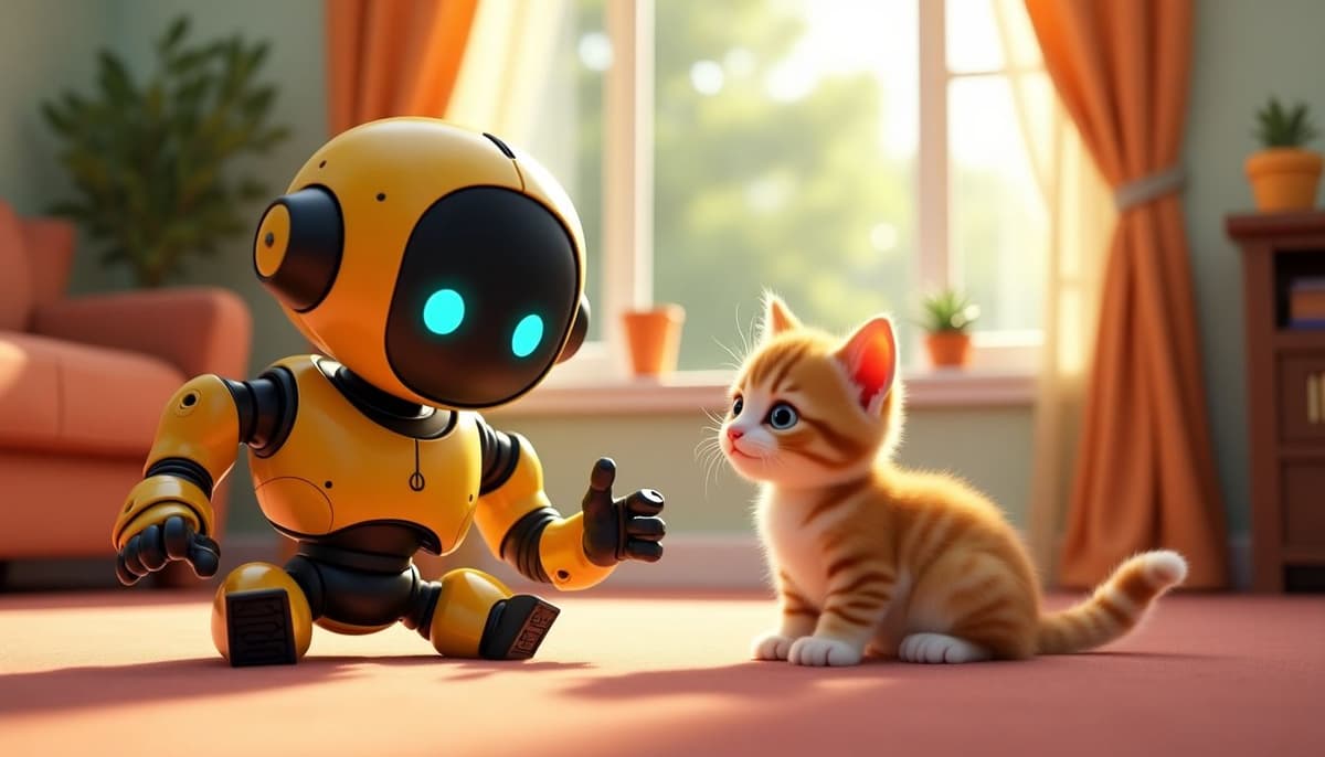 A cute robot playing with a kitten in a living room, Pixar style, bright colors, playful