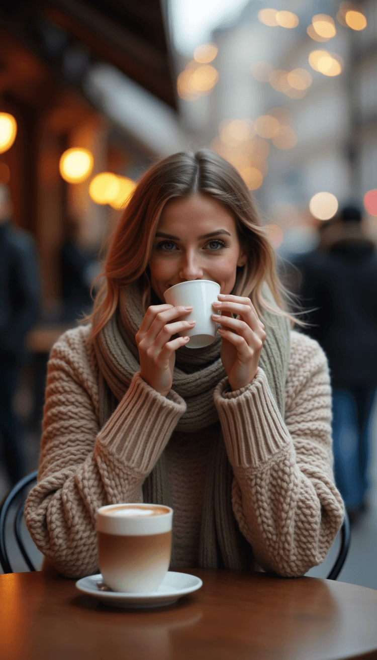 Lady drinking a coffee in the city posing for social media