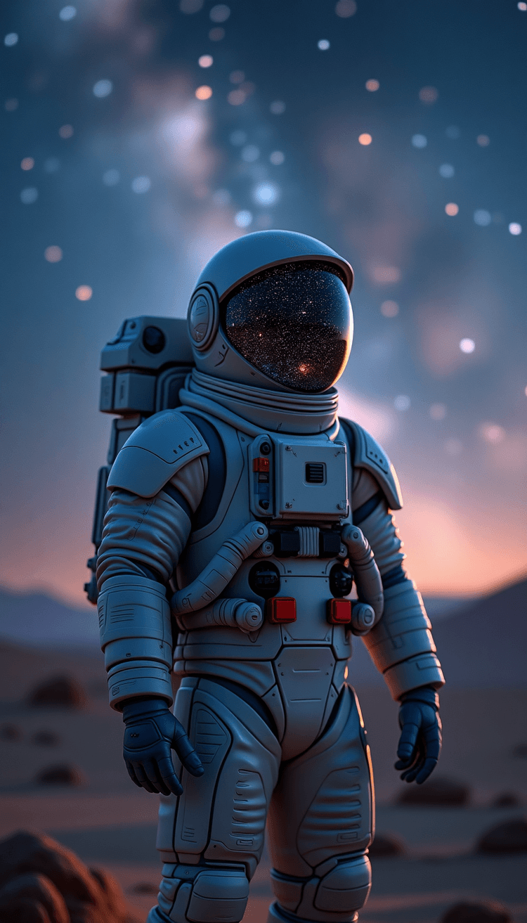 A man in a space suit looking up at the stars